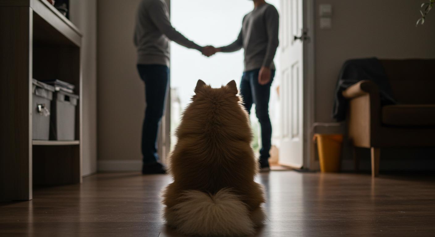 Dog waiting at door as owner greets visitor